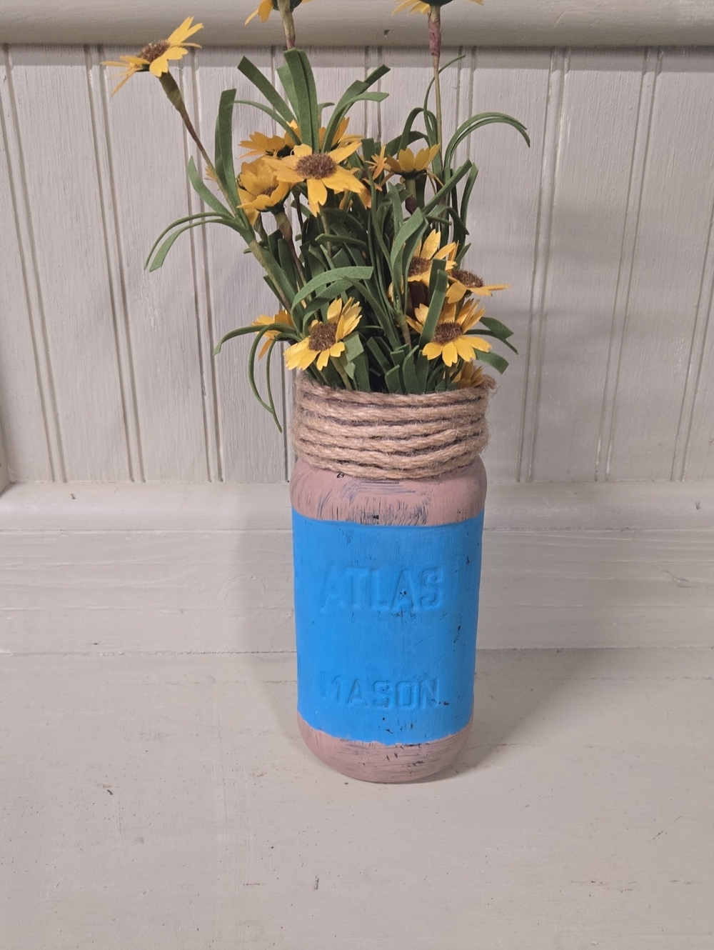 Hand-Painted Mason Jar Vase with Blue Accent and Yellow Floral